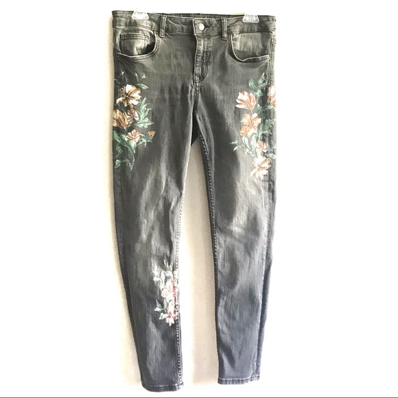 Zara Gray High Rise Skinny Jeans Floral Painted 8